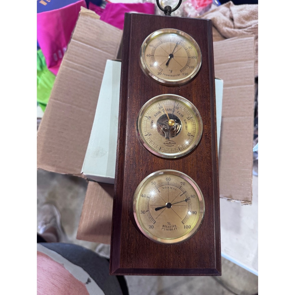 Sure 4Cast Weather Station Wood Plaque Barometer Thermometer Hygrometer Vintage